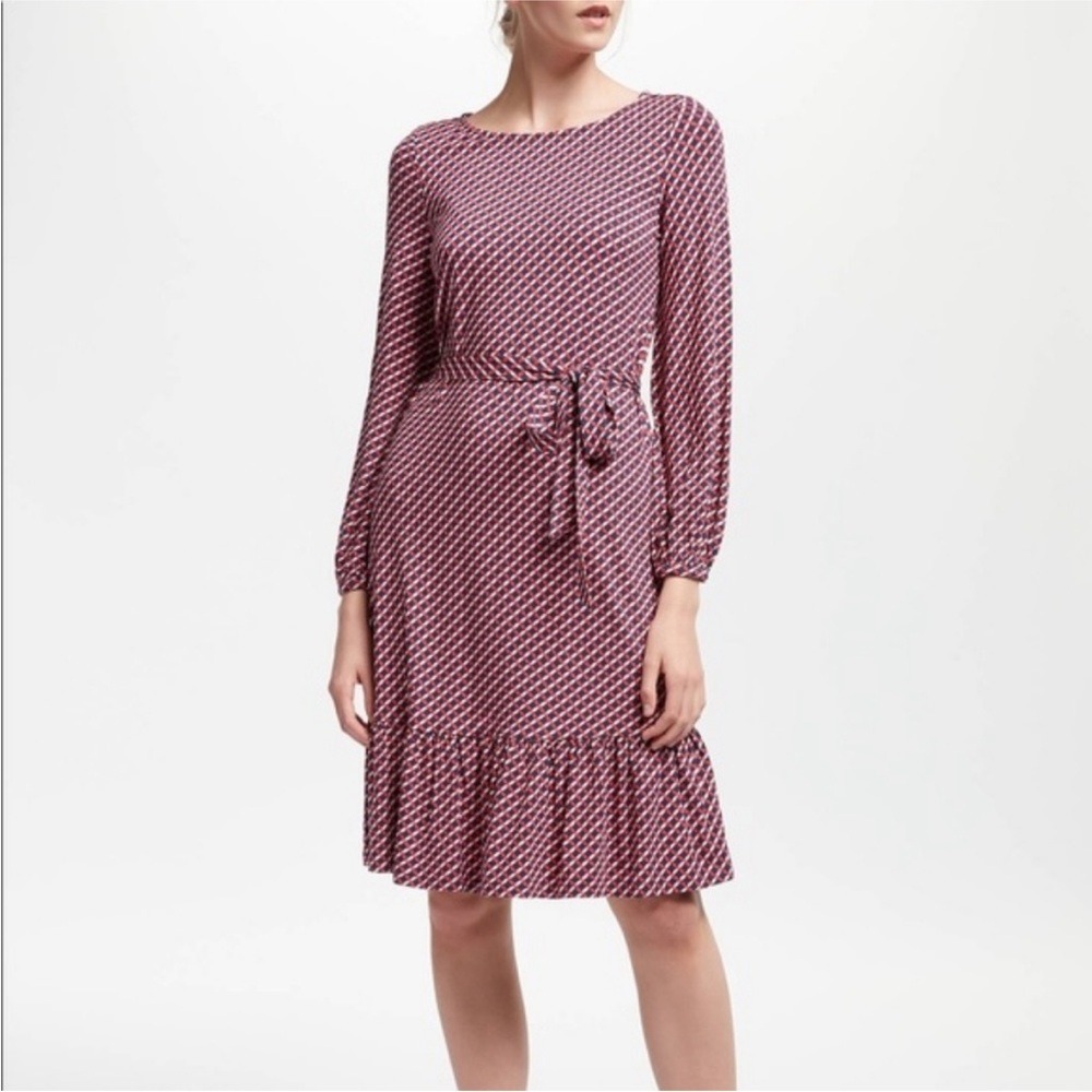 BODEN Jersey Dress Women's 10 Pink Navy Geometric Long Sleeve Ruffle Tie Waist - Picture 2 of 7